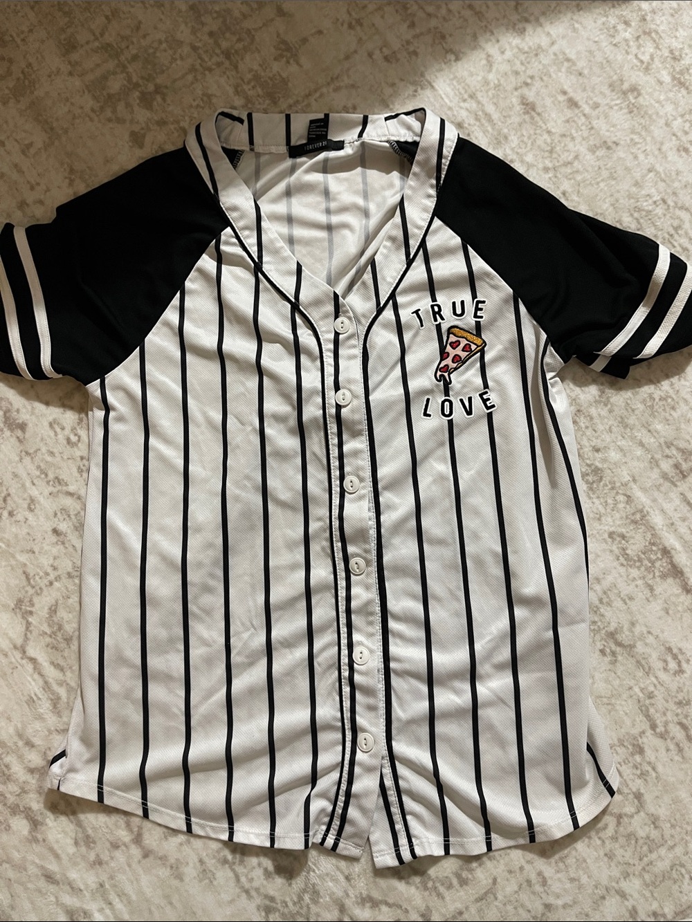 Forever 21 White and Black Pinstripe Button-Front Baseball Shirt